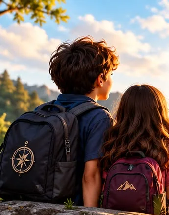 Duas crianças com mochilas olhando para montanhas ao nascer do sol